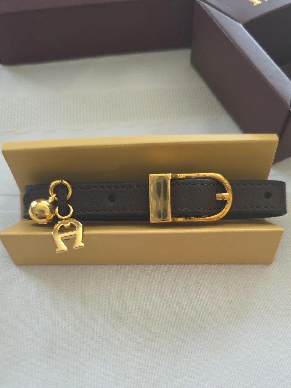 Vintage Etienne Aigner Gold and Brown Pet Collar NOS In Box